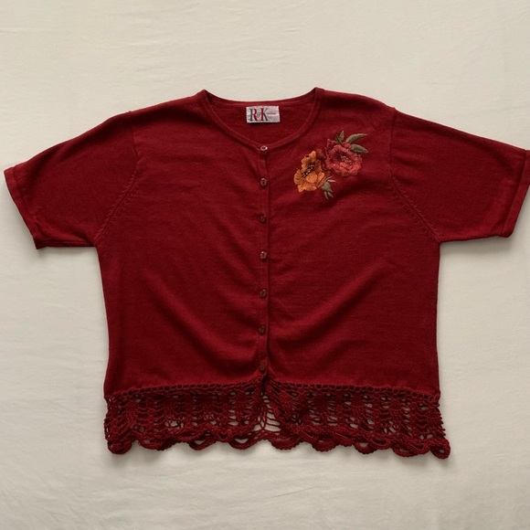 Women’s Short Sleeve Knit Cardigan Sweater w/ Embroidered Flowers - Picture 1 of 5